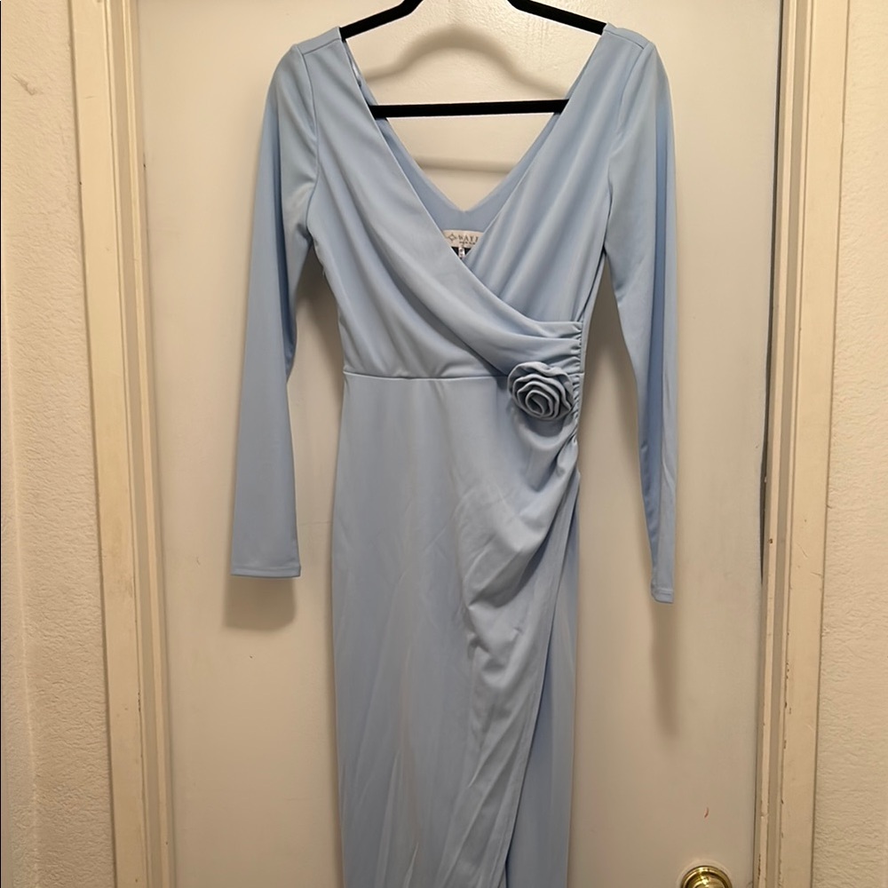 WAYF Faux Wrap Surplice Front Elegant Rosette Dress XS NWOT Maxi Long Sleeve